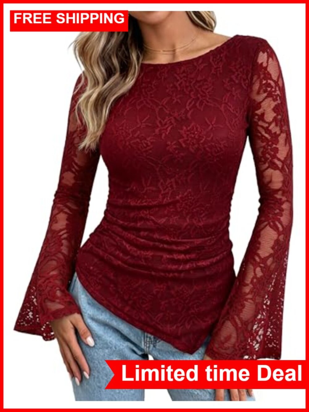Women Lace Bell Sleeve Boho Blouse Ruched Peplum Sheer Long Sleeve Top